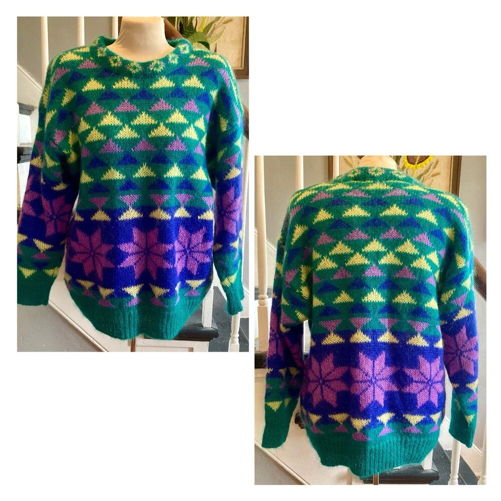 1980s 1990s Gallagher Mohair Blend Fair isle Sweater Oversized Teal Chunky Color